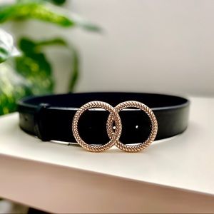 Black Faux Leather Belt Gold Double Ring